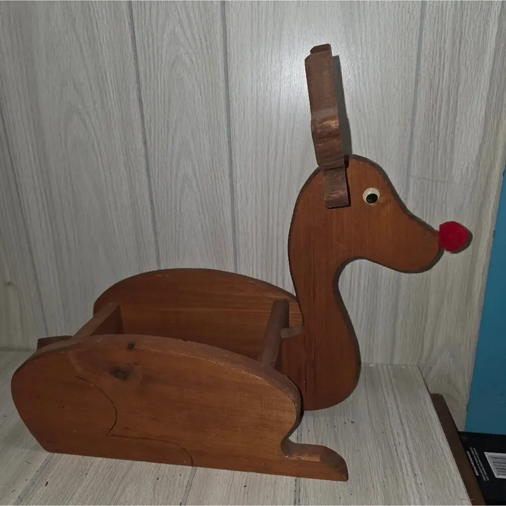 Vtg Handcrafted Rudolph The Red Nose Reindeer Basket Wood Crate Box Holiday